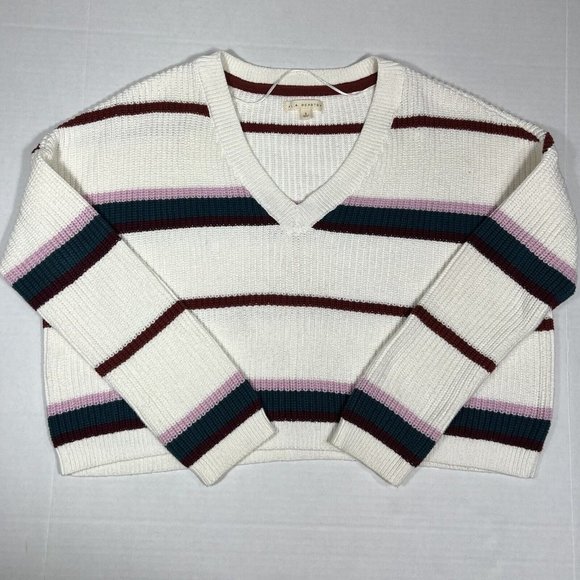 L A HEARTS V Neck Striped Sweater White Burgundy Cropped Oversized Size S - Picture 4 of 12